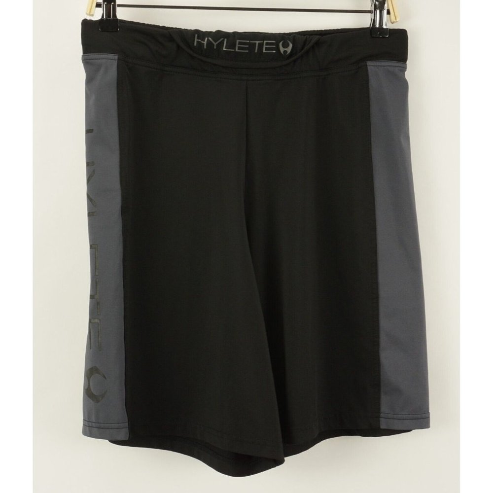 HYLETE Men's Small Black Gray Jersey Big Logo Unlined Drawstring Athletic Shorts